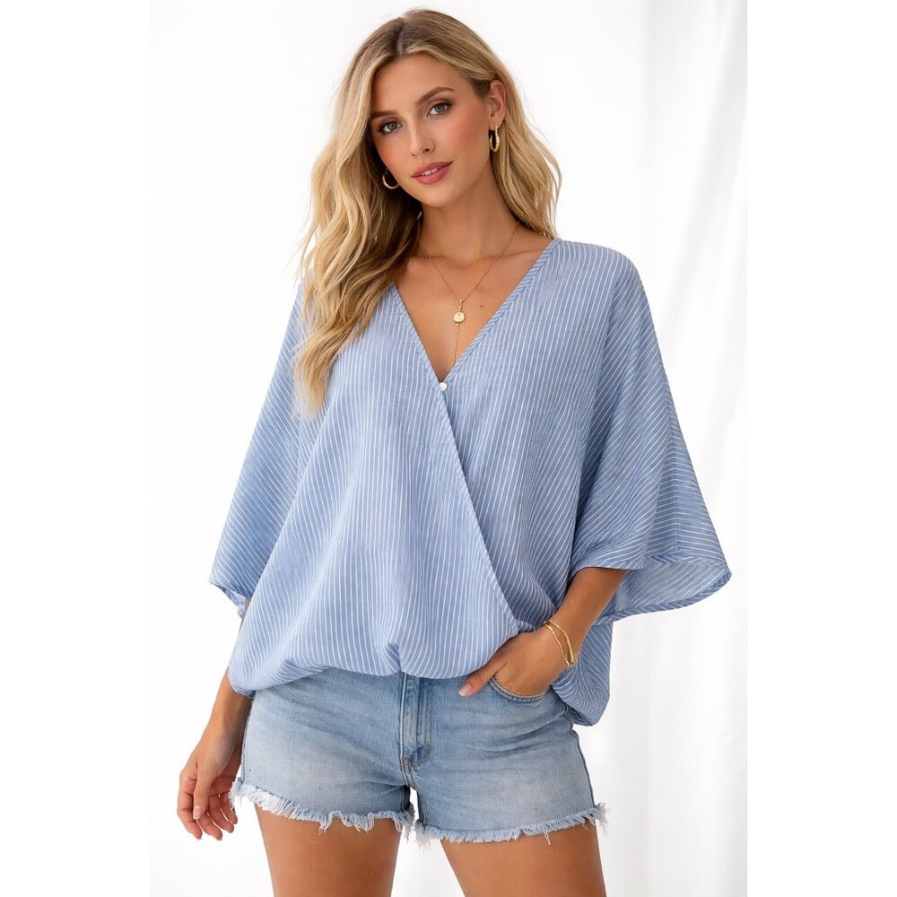 Womens Blue White Striped Wrap Blouse Kimono Style Dolman Top XXL NWT